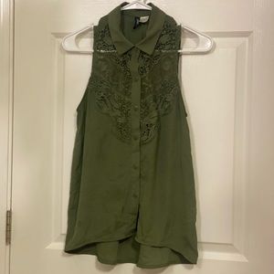 Olive Green Sleeveless Lace Blouse
